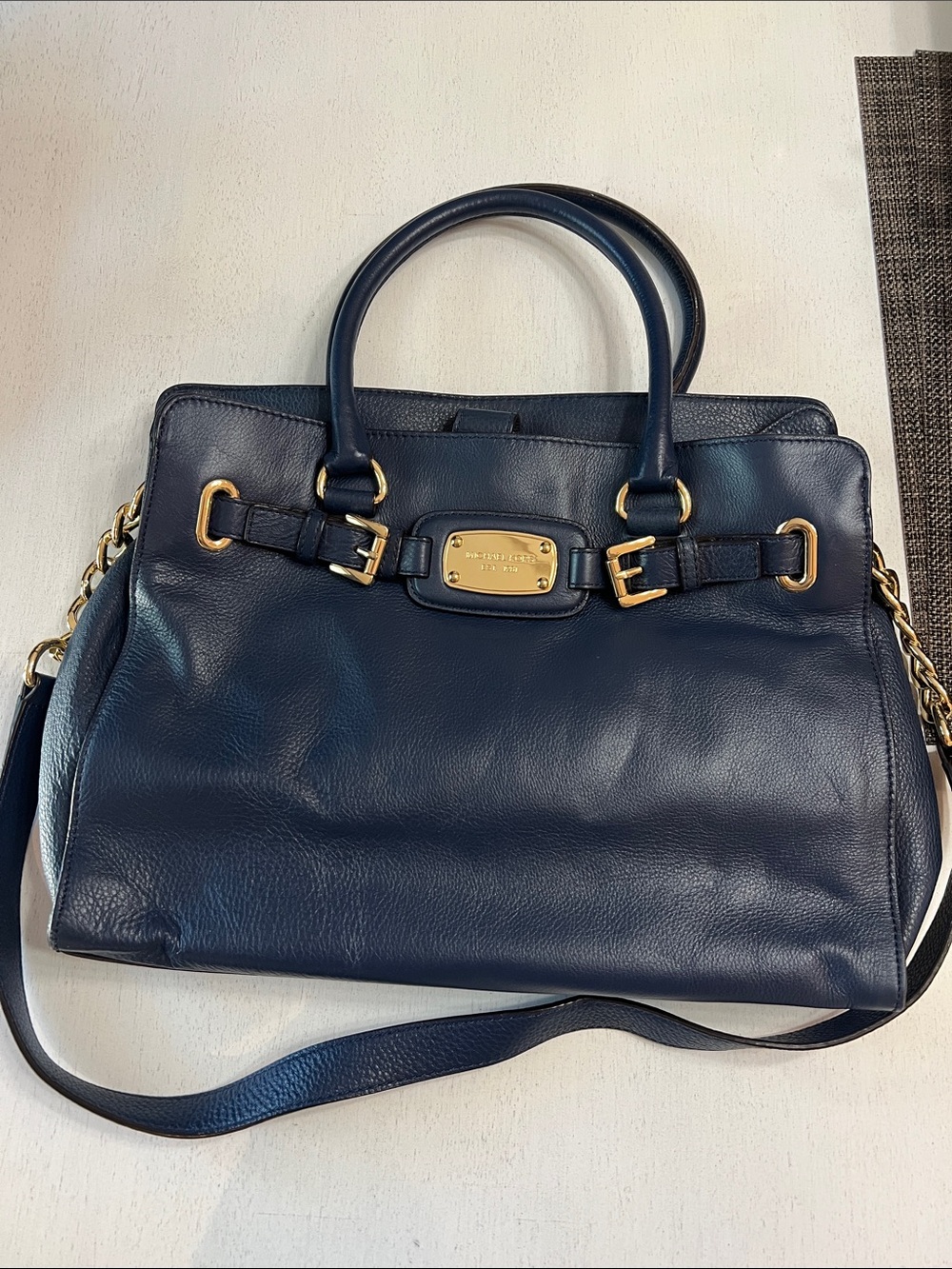 Michael Kors Navy Leather Satchel with Gold Hardware Accents
